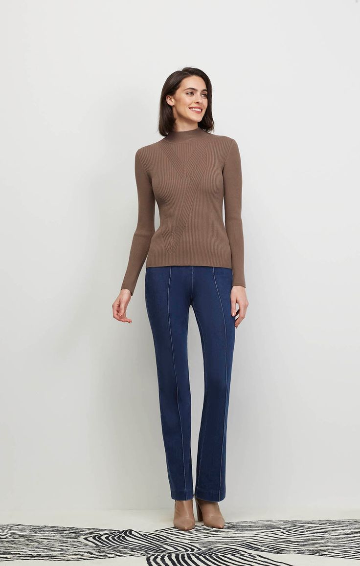 Step up your style game with our luxe, quartz-brown mock turtleneck sweater. Graced by asymmetrical ribbed chevrons and cable-knit columns, it updates your casual look with chic, cozy flair. Mock Turtleneck Sweater, Brown Fits, Fine Yarn, Mock Turtleneck, Fall Collections, Ribbed Sweater, Stitch Design, Casual Look, Spring Collection