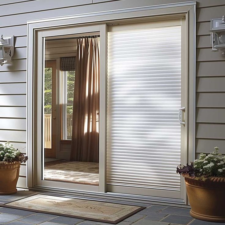 an open sliding glass door in front of a house with potted plants on the side