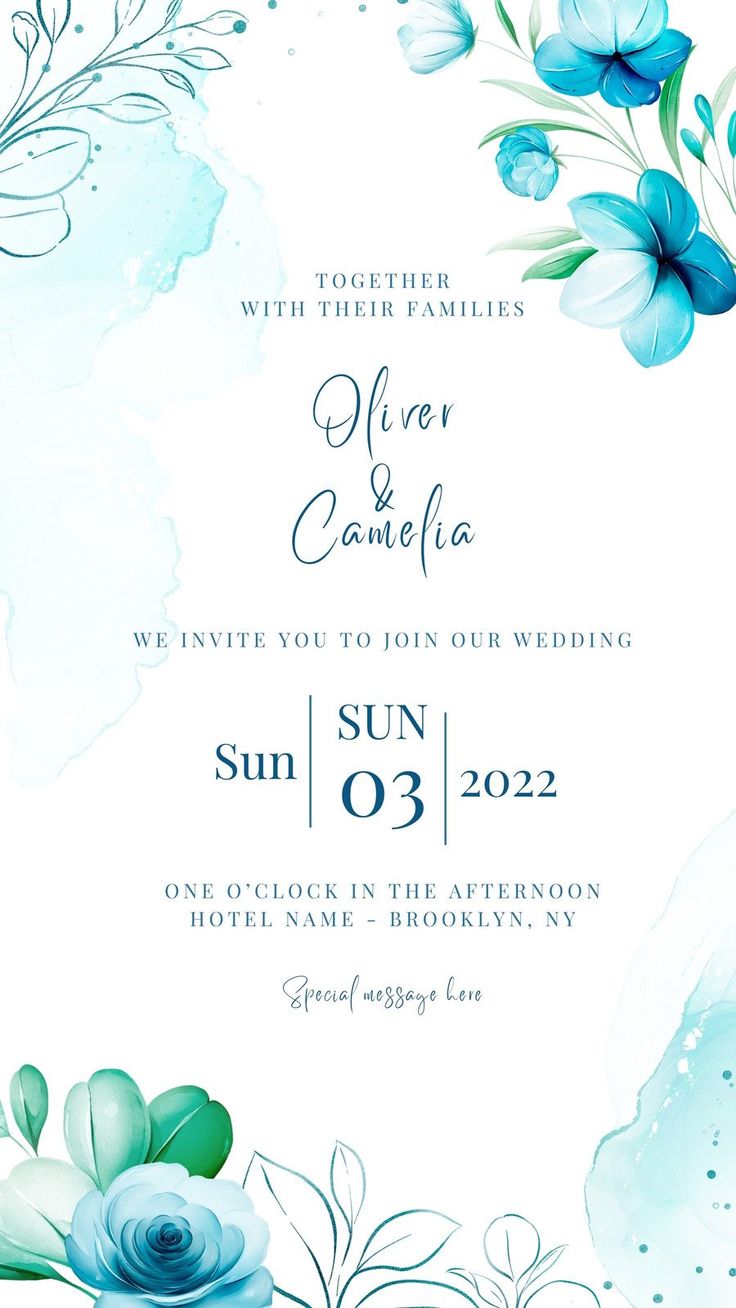 an elegant wedding card with blue flowers and watercolor splashes on the back ground