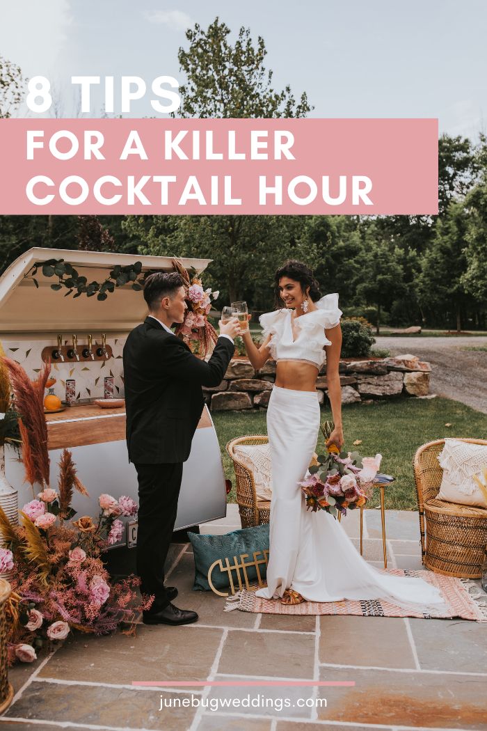 a bride and groom standing next to each other in front of a cocktail bar with the words 8 tips for a killer cocktail hour