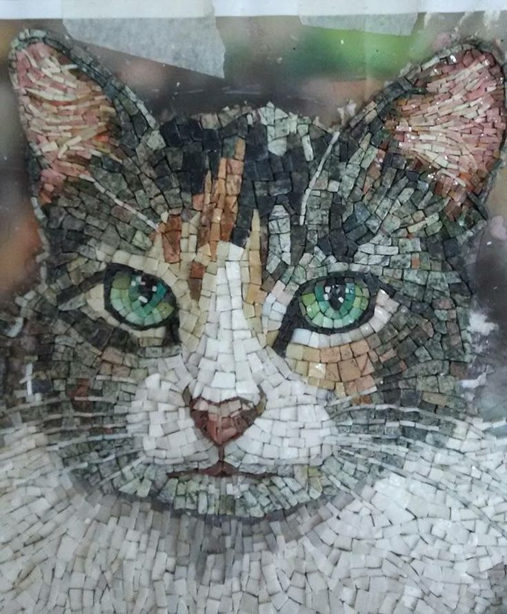 a close up of a cat made out of small tiles