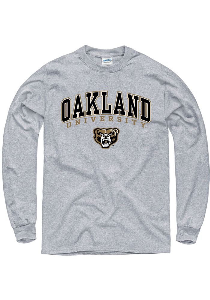 Show off your team pride in this Oakland University Golden Grizzlies Grey Arch Mascot Long Sleeve T Shirt! This Griz Long Sleeve Tee features a screen printed Oakland wordmark and logo. Make sure everyone knows you root for the Golden Grizzlies with this Grey Griz T Shirt. Go Golden Grizzlies! Classic fit, Seamless double needle 7/8" collar, Taped neck & shoulders, Ribbed cuffs, Unisex, Fit: True to Size, 100% Cotton Collegiate Long Sleeve T-shirt With Relaxed Fit, Long Sleeve T-shirt With Team Logo For Streetwear, Long Sleeve Cotton T-shirt With Team Name, Long Sleeve T-shirt With Team Name For Fans, Athletic Heather Long Sleeve T-shirt With Letter Print, Collegiate Long Sleeve T-shirt For College, Long Sleeve Team Logo T-shirt For Streetwear, Long Sleeve T-shirt With Team Logo For Fan Gear, Long Sleeve Graphic Print T-shirt For Sports Fans