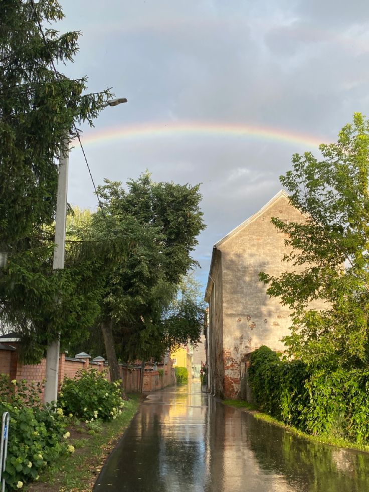 a rainbow is seen in the sky over a street with trees and bushes on both sides