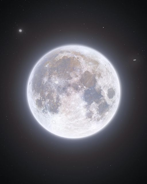 an artist's rendering of the moon and two stars in the night sky,