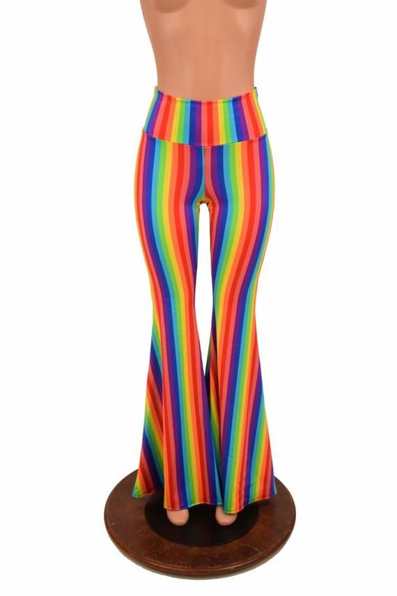 Rainbow Stripe Solar Flare Leggings with High Waist - 156701 Stretch Multicolor Full-length Bottoms, Summer Bottoms With Vertical Stripes And Stretch, Stretch Summer Bottoms With Vertical Stripes, Multicolor Stretch Full-length Pants, Stretch Multicolor Pants, Stretch Multicolor Full-length Pants, Stretch Bottoms With Vertical Stripes For Summer, Multicolor Stretch Flare Pants, Multicolor Vertical Stripes Bottoms For Spring