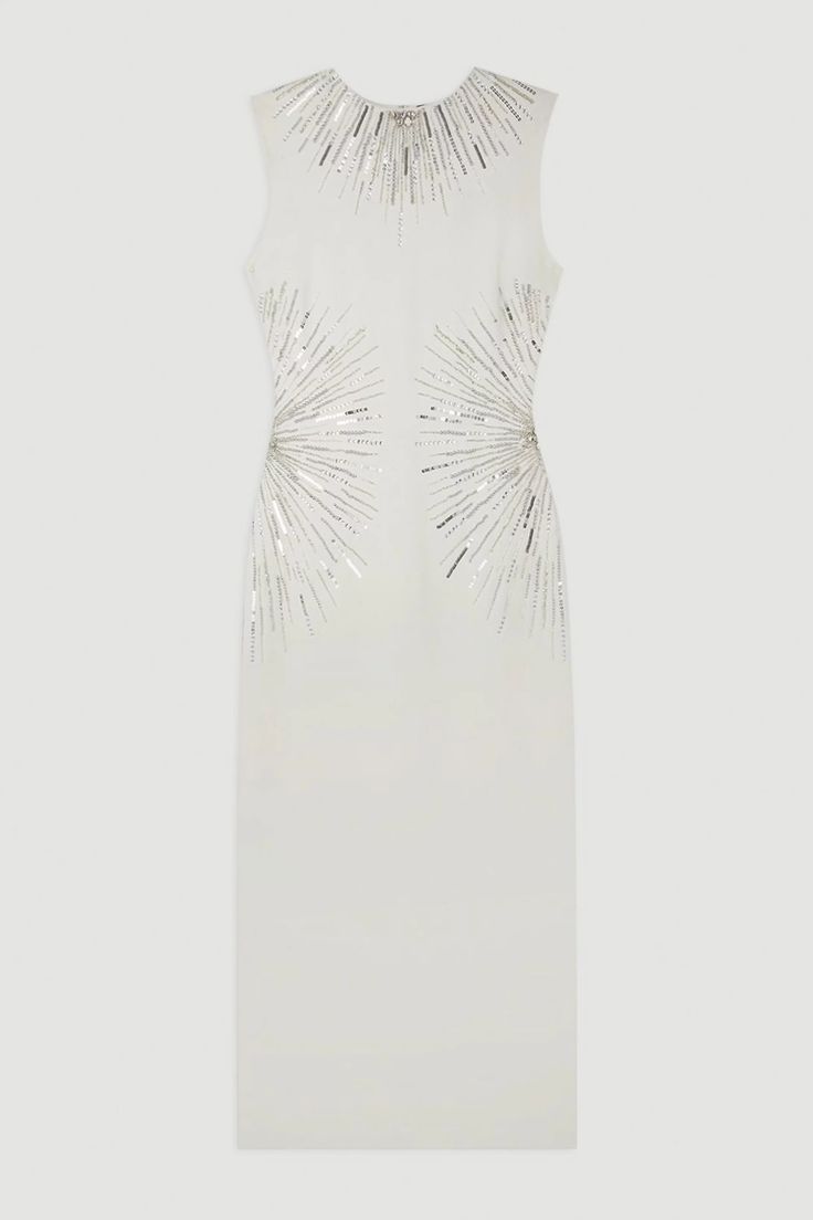 Beaded And Embellished Ponte Jersey Midi Dress | Karen Millen Hand Embellished Summer Evening Dress, Chic Embellished Sequin Wedding Dress, Embellished Floor-length Midi Dress For Wedding, Summer Party Dress Hand Embellished, Elegant Festive Midi Dress For Wedding, Festive Elegant Gala Midi Dress, Embellished Sleeveless Midi Dress For Gala, Summer Formal Dress With Pearl Embroidery, Sleeveless Embellished Midi Dress For Wedding