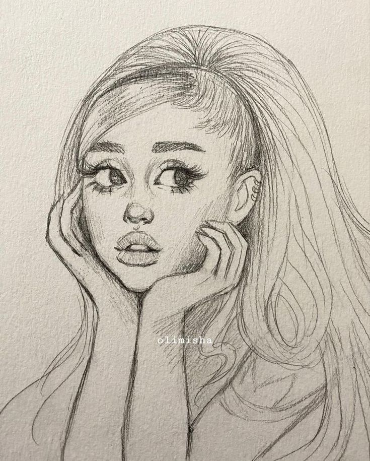 a pencil drawing of a girl with long hair holding her hand up to her face