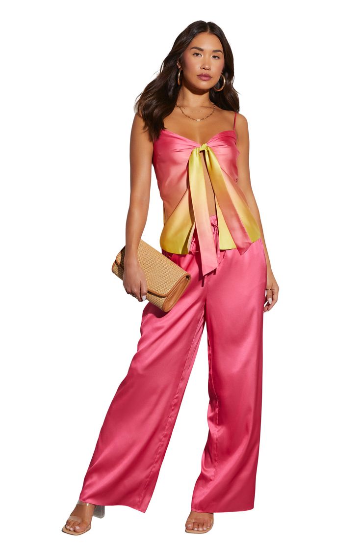 Lustrous, vibrantly hued satin brings bedroom vibes to these wide-leg drawstring pants that are an effortless work-to-weekend choice. Elastic/drawstring waist Side-seam pockets 100% polyester Hand wash, dry flat Imported Chic Pink Satin Bottoms, Spring Pink Satin Bottoms, Satin Bottoms For Summer Loungewear, Summer Satin Bottoms For Loungewear, Summer Satin Loungewear Bottoms, Pink Silk Pants For Spring, Wide-leg Satin Pants For Summer, Summer Wide-leg Satin Pants, Summer Satin Wide-leg Pants