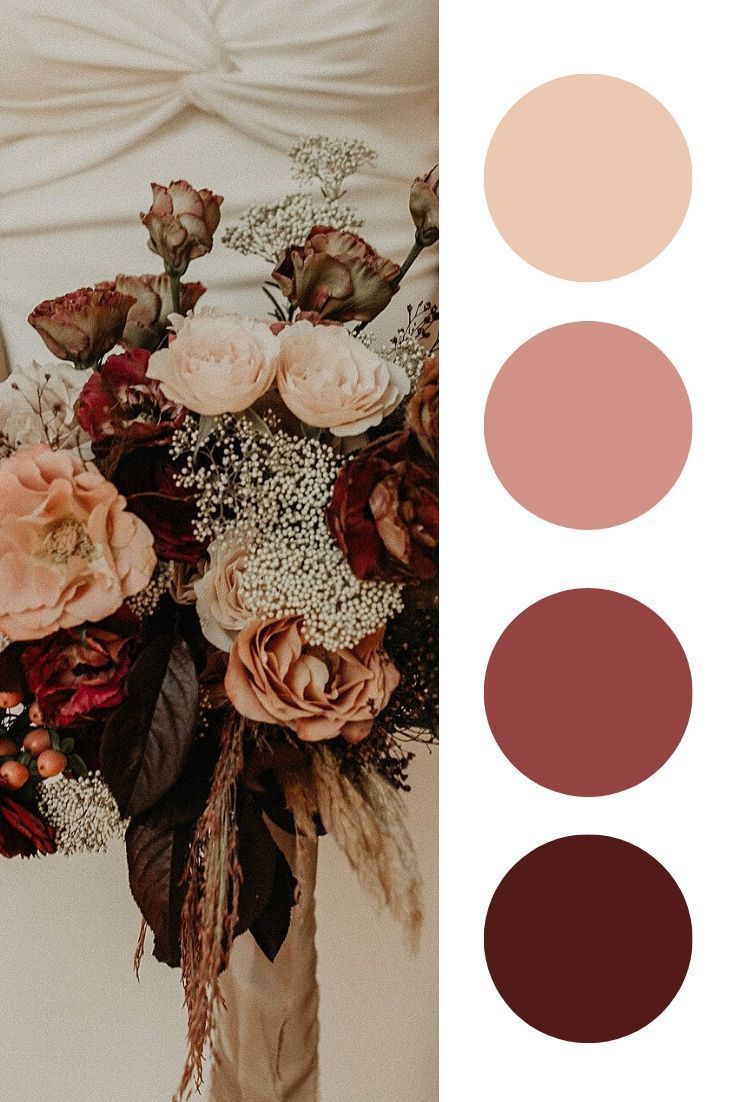 a bride holding a bouquet of flowers in front of her wedding dress and color swatches