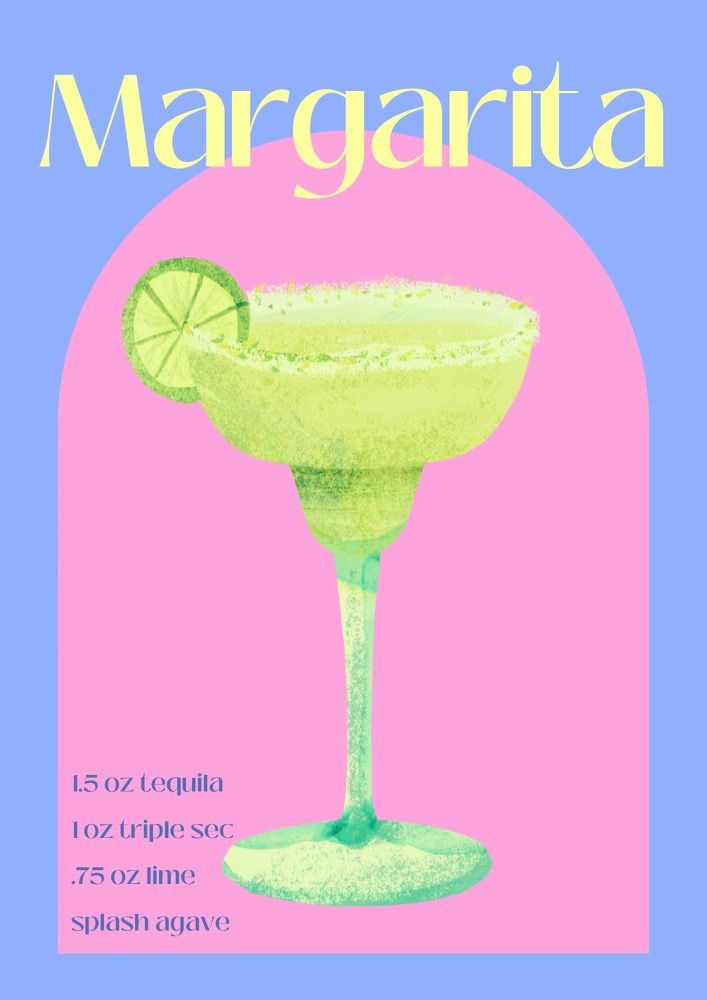 the margarita cocktail poster is shown in pink and blue