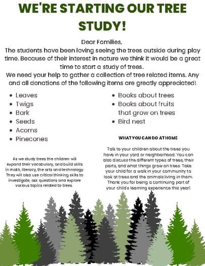 a poster with trees and the words we're starting our tree study