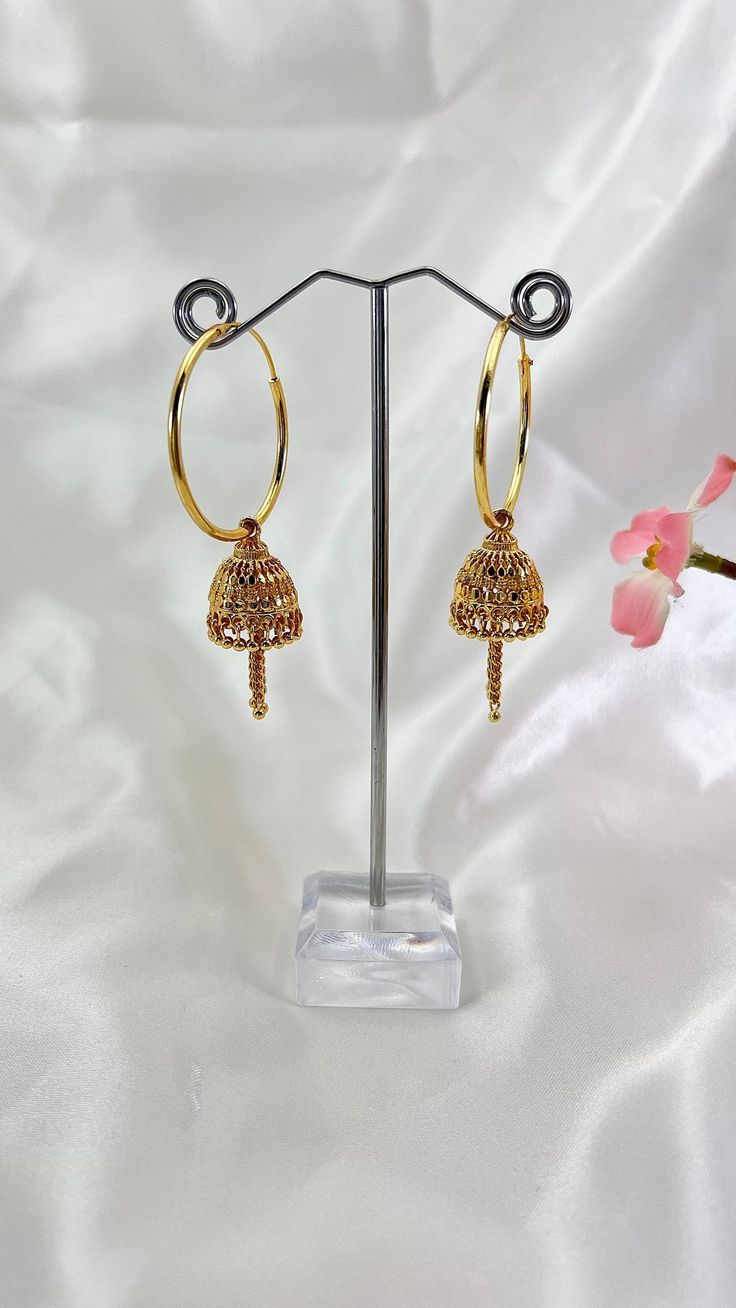 Gold plated Jhumka Baali Hoop Earrings . Total length of the Earrings is 7cm . Ritual Chandbali Jhumkas, Bohemian Gold Dangle Jhumkas, Festive Ornate Dangle Jhumkas, Intricate Brass Dangle Jhumkas, Festive Ornate Brass Jhumkas, Jhumki Earrings, Hoop Earrings Gold, Jhumka Earrings, Ear Wire