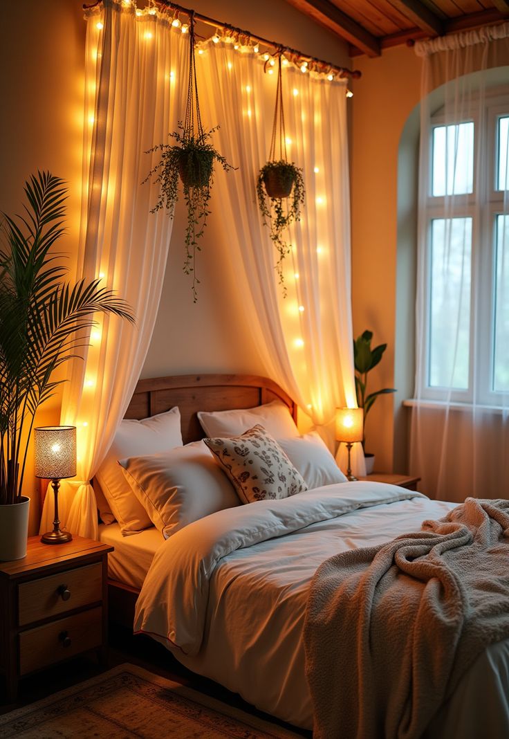 Boho Bedroom with Curtain Lights Curtain Lights Bed, Curtains Headboard Ideas, Boho Bedroom With Lights, Bed Canopy With Vines And Lights, Draped Wall Bedroom, Curtain Lights Aesthetic, Headboard Fairy Lights, Canopy Bed With Curtains And Lights, Cafe Lights Bedroom