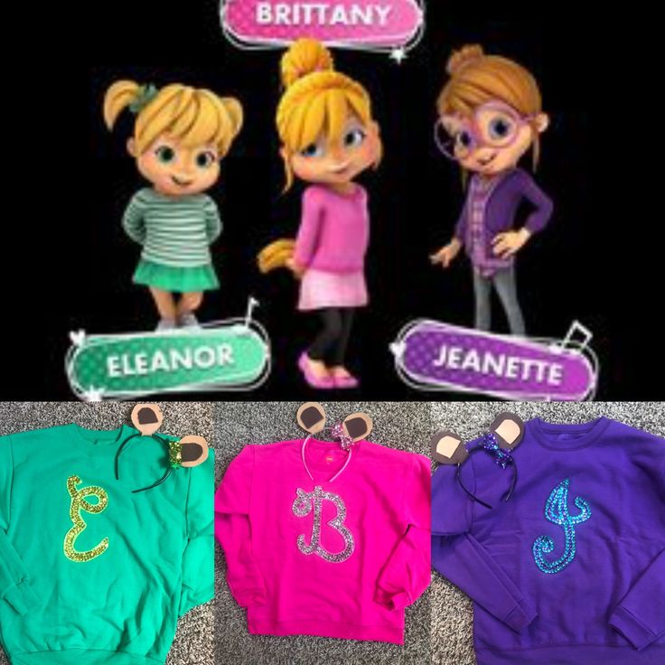 three children's sweatshirts with the names of their characters