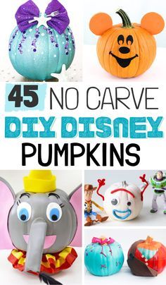 some pumpkins that have been decorated to look like disney characters