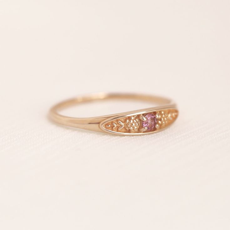 Fine Jewelry Birthstone Flower Promise Ring, Heirloom Pink Sapphire Ring, Delicate Flower Birthstone Promise Ring, Sapphire Birthstone Open Ring For Promise, Promise Sapphire Open Ring Birthstone, Recycled Gold Birthstone Ring Jewelry, Promise Sapphire Ring With Birthstone In Open Shape, Delicate Yellow Gold Birth Flower Rings, 14k Gold Promise Crystal Ring With Birthstone