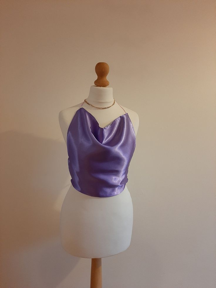 A cowl neck top designed and hand made in Ireland. Made to fit women UK size 6-7. :)  perfect for a glamorous night out! Elegant Halter Neck Crop Top For Evening, Elegant Fitted Crop Top For Night Out, Satin Halter Neck Crop Top For Evening, Glamorous Satin Halter Neck Top, Elegant Camisole Top For Parties, Satin Halter Neck Crop Top For Night Out, Elegant Party Camisole Crop Top, Chic Fitted Camisole For Party, Satin Halter Neck Blouse For Party