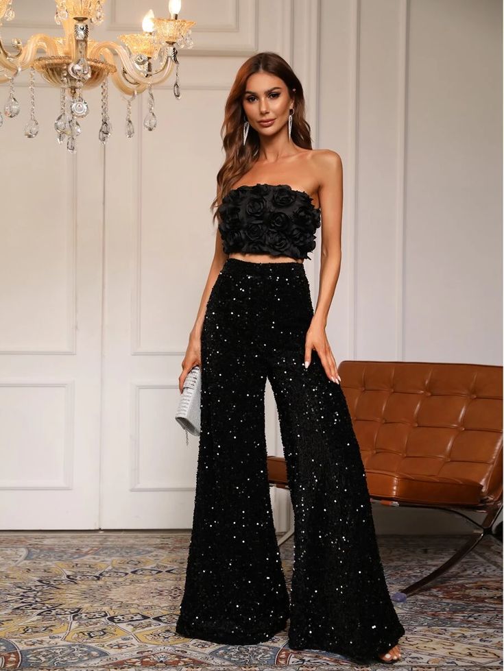 Party Outfit Night, Party Outfit Night Club, Black Sequin Jumpsuit, Sequin Pant, Party Outfits Night, Outfit Night, Sequin Pants, Sequin Jumpsuit, Eve Outfit