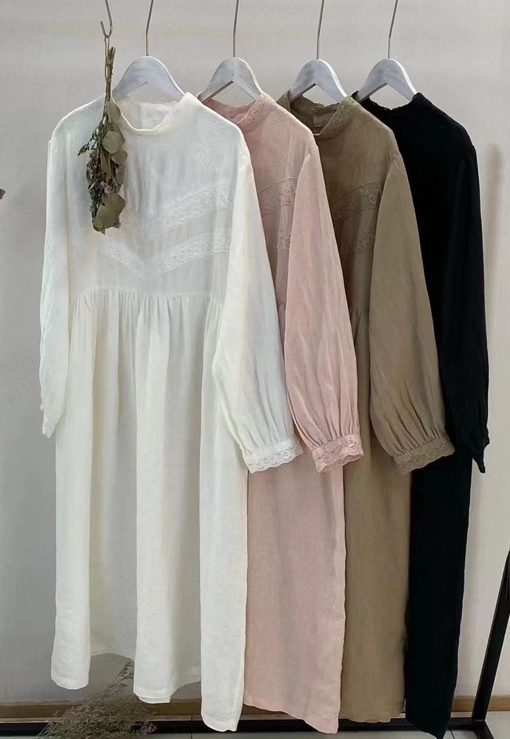 "This is a vintage type but new-made dress.  Made of 100% linen. Delicate lace embroidery flower  decoration.  White, pink, cream, wasabi, brown and black color available.  Measures approximately:  1/2 Bust: 59cm(23.22\")  Length: 118cm (46.46\") Shoulder to Shoulder : 40cm (15.75\") Shoulder to Sleeve: 54cm (21.26\")  ---------------------------------------- ❤ About Shipping  Normally, it will takes 3-8 days to ship after you submit the order. Trackable free shipping for Worldwide countries.  I Cottagecore Long Sleeve Dress With Lace Patchwork, Modest Long Sleeve Dress With Lace Trim, Cream Long Sleeve Dress With Lace Collar, Feminine Linen Dress With Lace Trim, Embroidered Long Sleeve Linen Dress For Spring, Long Sleeve Vintage Dress With Lace Patchwork, Long Sleeve Lace Patchwork Vintage Dress, Beige Linen Dresses With Lace Trim, Beige Linen Dress With Lace Trim