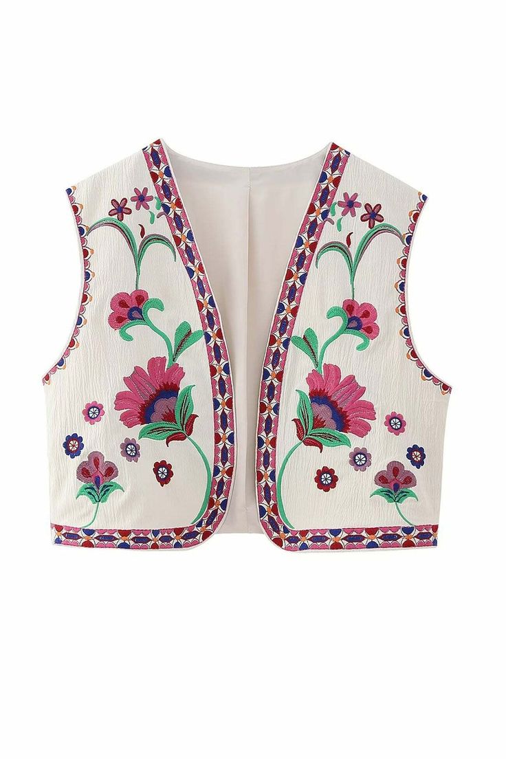 Color: Red, Size: XS Open Front Crop Top, Vintage Floral Embroidery, Open Front Vest, Khaki Colour, Cropped Coat, Front Crop Top, Vintage Vest, Top Vintage, Vintage Embroidery