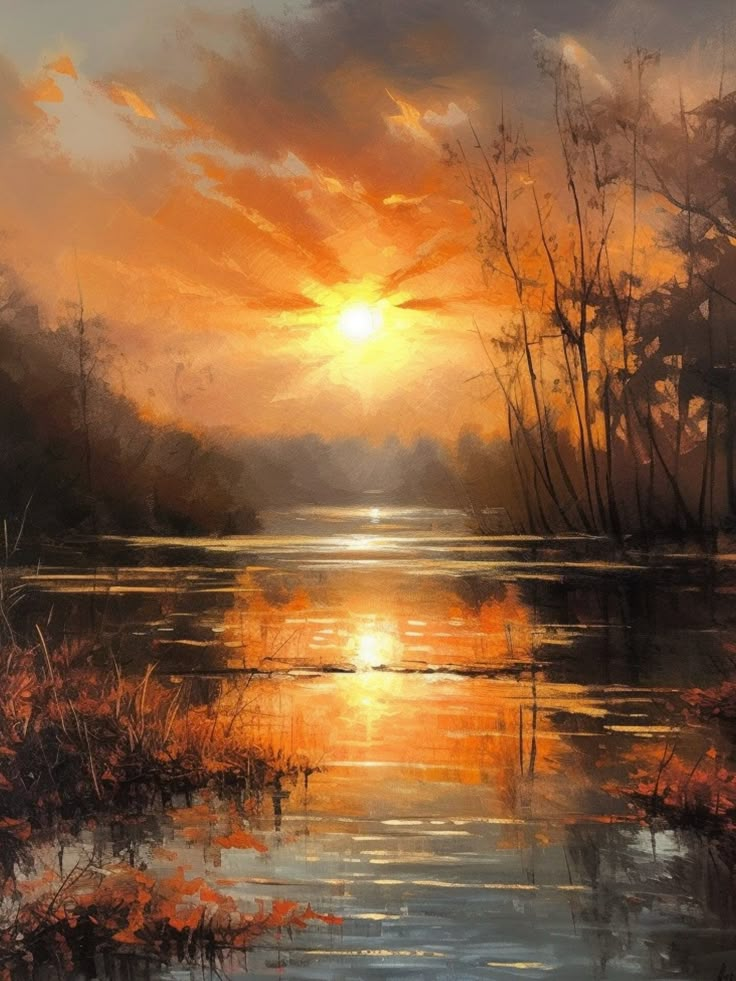 a painting of the sun setting over a lake