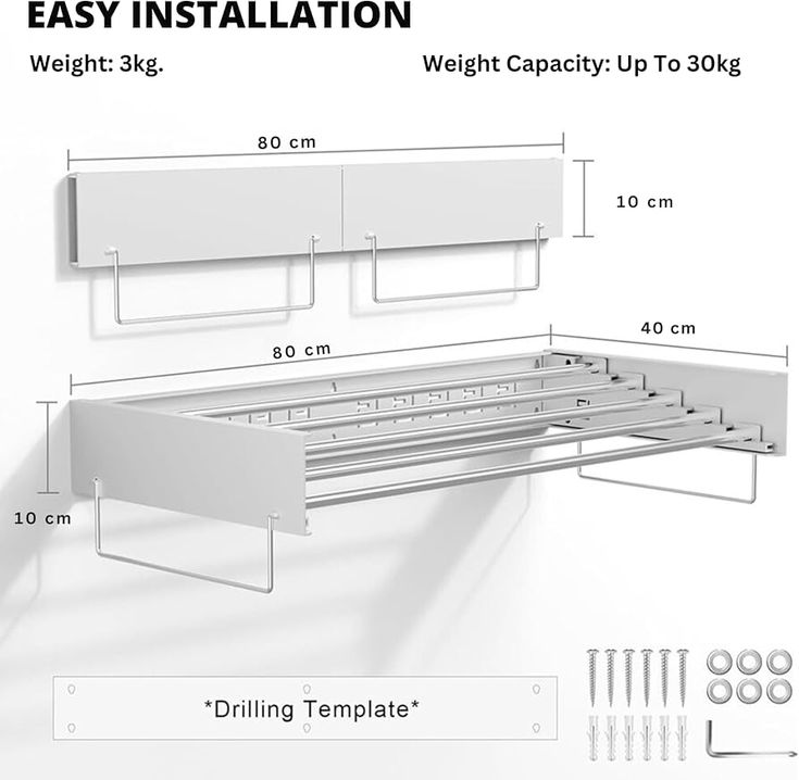 the measurements for an easy installation shelf with hooks and screws on each side is shown