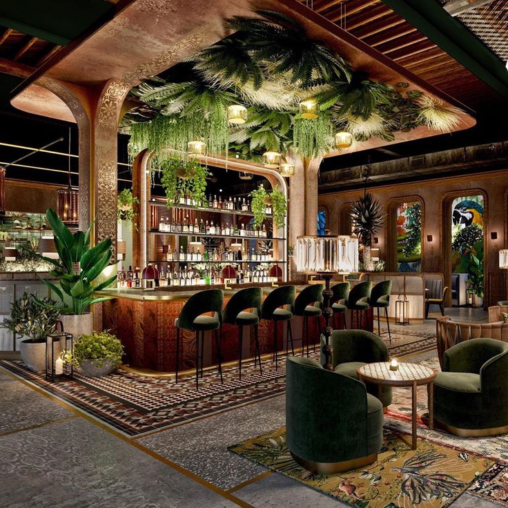 an artistic rendering of a bar with green chairs and plants hanging from the ceiling above it