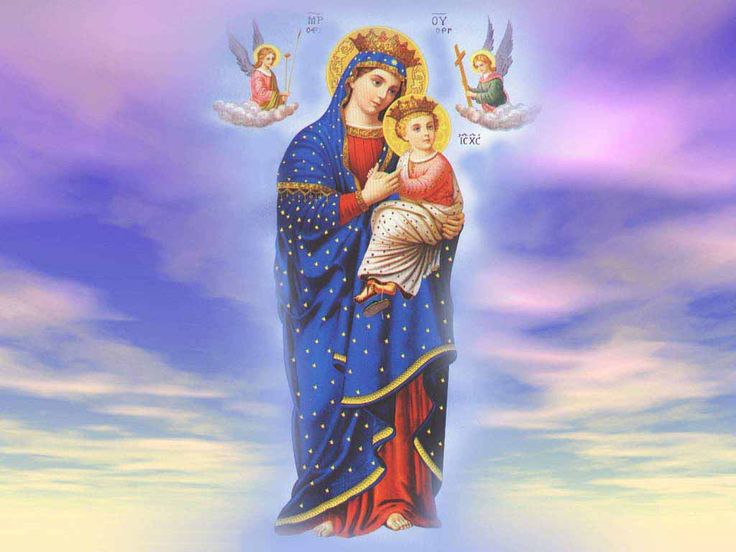 an image of the virgin mary and child jesus with angels in the sky behind her