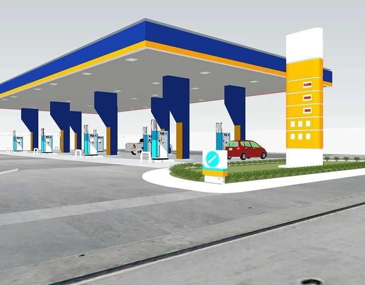 an artist's rendering of a gas station with a car parked at the pump