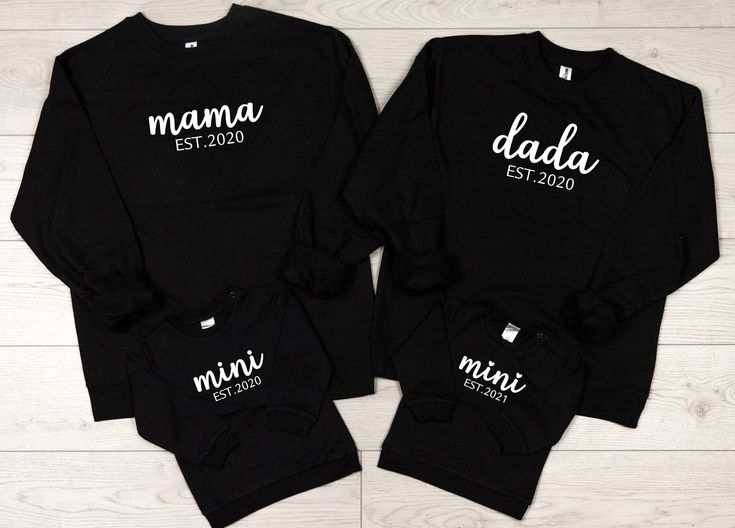 The cutest family matching sweaters for your new family! Sold separately this way you can purchase them individually if you wish. You pick the year you would like on each sweater.  There are two mini design options for infants/toddlers. One has hearts over the i's and one does not. Usually Ships in 1-4 business days. Designs are Vinyl Washing Instructions: Turn garment(s) inside out prior to washing. Machine wash cold, tumble dry on delicate.  Do not use bleach or fabric softeners. By purchasing, you are supporting a small mama owned business. Thank you! Mama Dada Baby Shirt, Family Sweaters Matching, Family Matching Long Sleeve T-shirt, Black Cotton Tops For Family Events, Family Matching Long Sleeve Winter Tops, Family Matching Long Sleeve Sweatshirt With Name Print, Family Matching Black Sweatshirt For Winter, Family Matching Black Winter Sweatshirt, Black Family Matching Tops For Winter