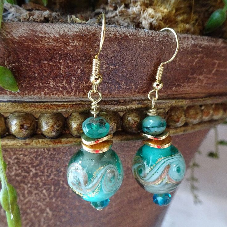 Onde D'acqua - Handmade Aqua Swirl Murano Earrings With Layers Of Gold Accents And Gold-Filled Ear Wires. Water Themed Jewelry, Turquoise Earrings With Colorful Czech Glass Beads, Elegant Turquoise Beaded Earrings For Gift, Elegant Blue Earrings With Colorful Beads, Turquoise Czech Glass Round Bead Earrings, Turquoise Round Beaded Earrings, Kendra Earrings, E Jewelry, Earrings Handmade Clay