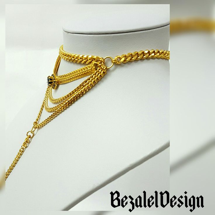 "♦ A beautiful layered choker necklace, made of gold-plated brass in very high quality and black zircon stone, The chain is full of presence and chic style, suitable for evening and wedding. SIZE Length: 11.8\" (30 cm) up to 15.8\" (40cm) drop length: 10.23\" (26cm) ♦ This necklace is also available in silver color. ♦ This piece of jewelry is perfect as a gift for yourself, for a wedding day, Valentine's day, or a birthday. If you're interested in sending a gift to a third party, just write your Elegant Chain Lariat Choker, Elegant Dangle Choker With Adjustable Chain, Elegant Lariat Chain Choker, Glamorous Handmade Gold Jewelry, Multi-strand Yellow Gold Jewelry For Party, Luxury Gold Chain Choker Jewelry, Handmade Gold Body Chain Gift, Luxury Gold Chain Choker, Yellow Gold Multi-strand Jewelry For Party