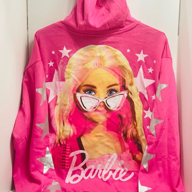 Hot Pink Superstar Barbie Zip Up Hoodie Sweatshirt Trendy Long Sleeve Star Print Sweatshirt, Pop Culture Long Sleeve Hoodie With Letter Print, Trendy Fall Sweatshirt With Star Print, Pop Culture Graphic Print Hooded Top, Trendy Hoodie With Star Print For Winter, Pop Culture Hooded Sweatshirt For Fall, Trendy Fall Hoodie With Star Print, Trendy Cotton Hoodie With Star Print, Trendy Hooded Sweater With Graphic Print