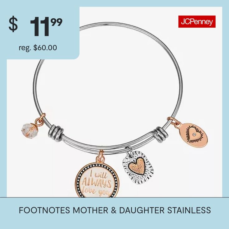 Features: Inspirational, Mom Jewelry, Adjustable, In A Gift BoxCircumference: 8 1/2 InchLink Construction: SemisolidShape: RoundMetal Color: Two TonePendant Length: 19.3mmPendant Width: 22.6mmCare: Wipe CleanBracelet Type: Charm Bracelets, Bangle BraceletsMetal: Stainless SteelCountry of Origin: Imported Nickel-free Bracelets For Mother's Day, Nickel-free Mother's Day Bracelets, Adjustable Hallmark Jewelry For Gifts, Personalized Bracelets As Gift For Mom, Adjustable Metal Jewelry For Father's Day, Mother's Day Metal Charm Bracelet, Adjustable Stainless Steel Bracelets For Mother's Day, Metal Bracelets For Friendship On Mother's Day, Adjustable Hypoallergenic Charm Bracelet