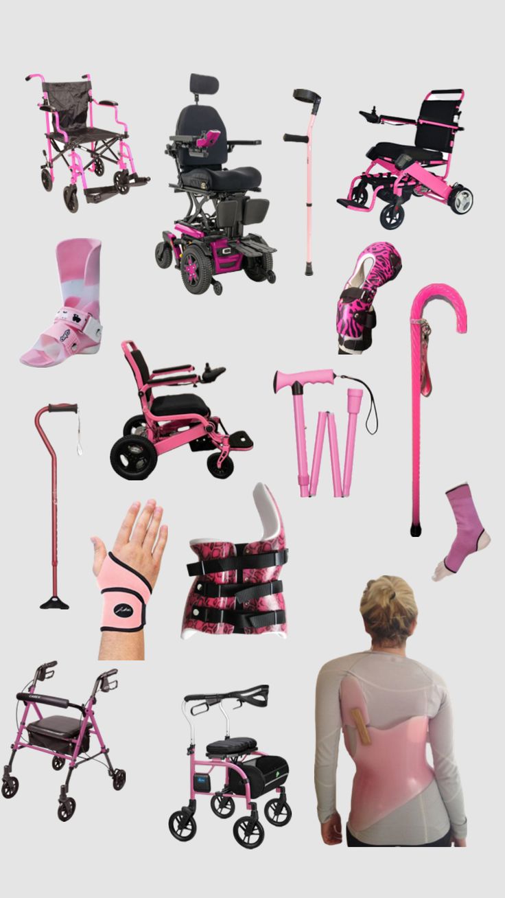 a woman standing next to various types of pink and black items