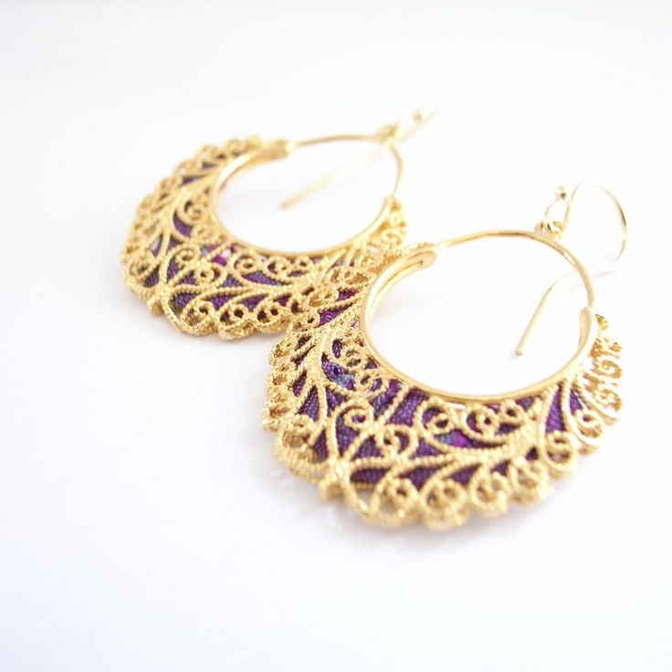 GresianChic FilligreeEarrings UniqueHandmadeJewelry | Etsy Gold Hoop Earrings With Intricate Design For Party, Gold Fusion Hoop Earrings For Festive Occasions, Purple Earrings With Intricate Design For Gift, Purple Earrings With Intricate Design As Gift, Nickel-free Gold Hoop Earrings For Festive Occasions, Nickel Free Gold Hoop Earrings For Festive Occasions, Gold Nickel-free Hoop Earrings For Festive Occasions, Festive Gold Hoop Earrings Nickel Free, Elegant Gold Hoop Earrings For Festivals