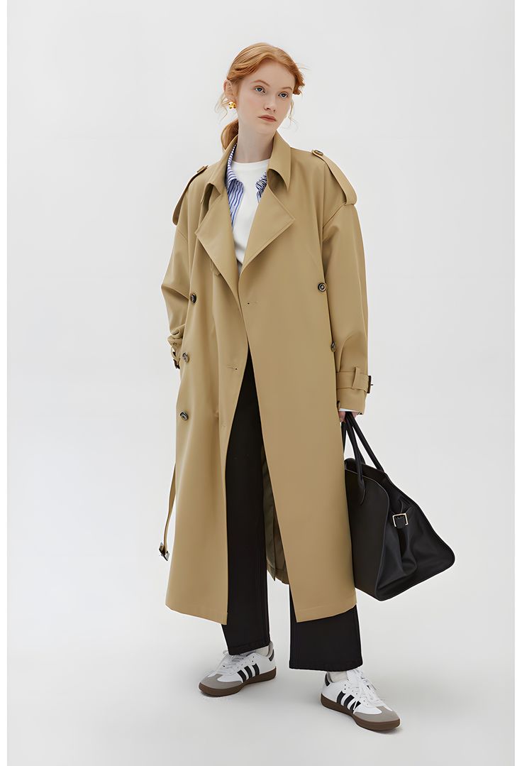 Khaki Double-Breasted Trench Coat Oversized Double-breasted Khaki Outerwear, Long Gabardine Pea Coat For Spring, Spring Gabardine Long Pea Coat, Spring Long Gabardine Pea Coat, Beige Double-breasted Gabardine Outerwear, Beige Gabardine Double-breasted Outerwear, Solid Gabardine Pea Coat For Fall, Khaki Long Single Breasted Outerwear, Khaki Belted Long Coat