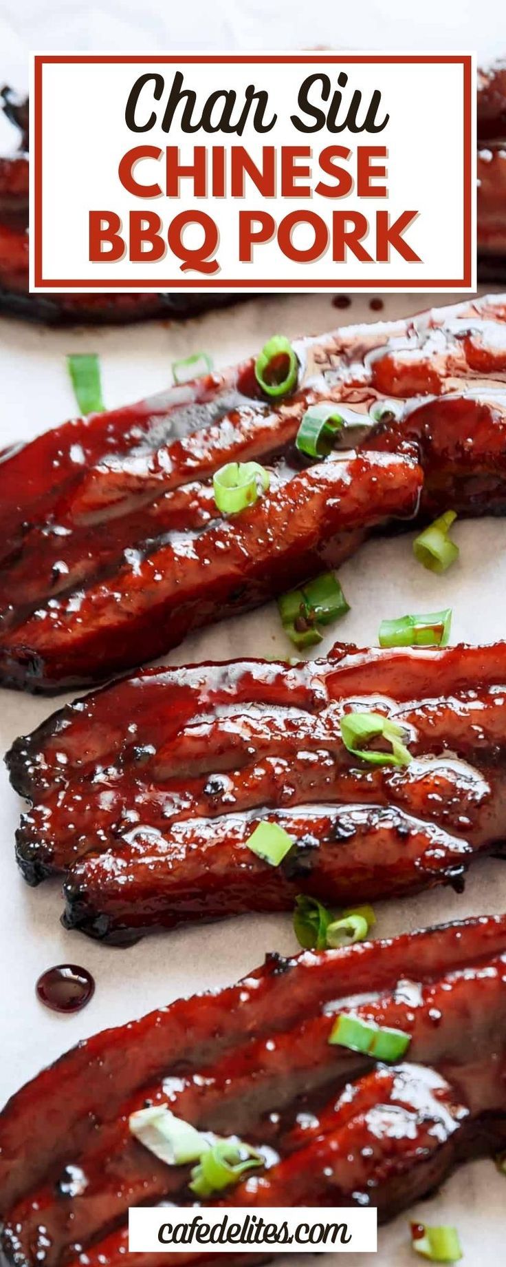 grilled ribs with sauce and green onions on a white plate next to the words, chan sii chinese bbq pork