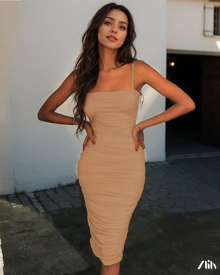 Zlily - Seductive Bodycon Tank Dress with Sleeveless Backless Design Fitted Sleeveless Midi Dress With Straps, Sleeveless Midi Dress With Built-in Bra For Night Out, Sleeveless Bodycon Dress With Built-in Bra For Date Night, Chic Spring Bodycon Dress With Built-in Bra, Chic Summer Bodycon Dress With Straps, Sleeveless Stretch Bodycon Dress With Straps, Chic Ruched Sleeveless Backless Dress, Chic Sleeveless Strap Bodycon Dress, Chic Sleeveless Ruched Backless Dress