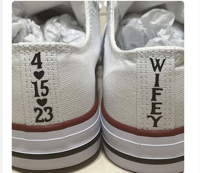 Elevate your shoe style with our customizable Iron On Decals for the rear seam of your shoes. Personalize your Converse shoes with options like Wedding Date, Name (up to 5 or 6 letters), Mrs., Mr., Bride, Groom, or I Do. Choose your preferred decal color and font number, ensuring a unique touch to your footwear. Measuring approximately 1.5" x 0.4", these decals come in a set of 2 and can be customized to fit your specifications. Please confirm the decal size compatibility with your shoes, as replacements cannot be provided for incorrect sizes. If you need a different size, feel free to message us for customization. By default, decals will come in a vertical orientation unless otherwise specified. The order includes step-by-step application instructions. Note that this listing is for the de Wedding Shoes Personalized, Bride And Groom Converse, Groom Converse, Wedding Converse, Font Number, Baby Bling, Shoes Diy, Numbers Font, Custom Nikes