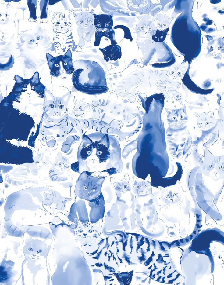 a bunch of cats that are in the middle of a blue and white pattern on a wall