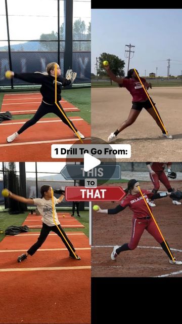 four different shots of a woman hitting a ball with a bat and holding a softball