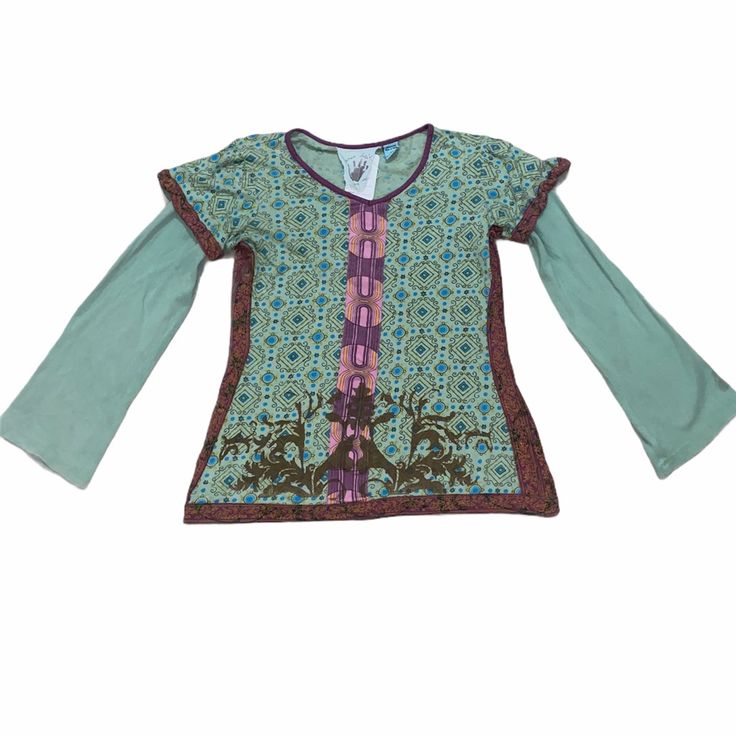 Brand New With Tags Nwt Inner Child Mint Green Patterned Long Sleeve Shirt Size M Purple Patchwork Long Sleeve Top, Purple Long Sleeve Top With Patchwork, Purple Long Sleeve Patchwork Top, Purple Patchwork Short Sleeve Top, Summer Purple Patchwork Top, Fall Crew Neck Purple Blouse, Fall Purple Crew Neck Blouse, Purple Crew Neck Blouse For Fall, Purple Long Sleeve Top For Fall