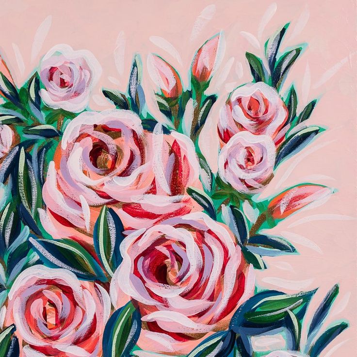 a painting of pink roses with green leaves