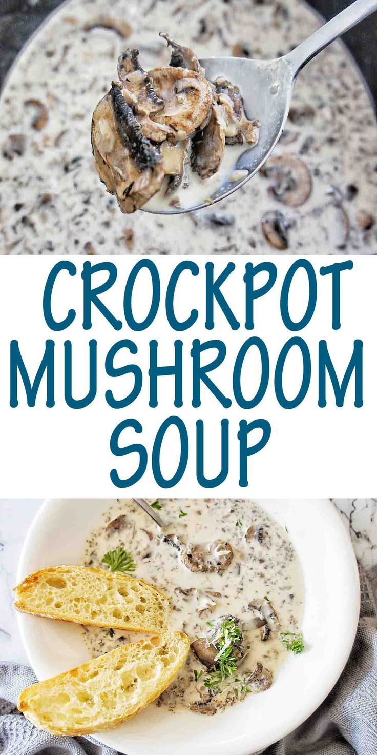 the crockpot mushroom soup is served in a white bowl with a spoon on it