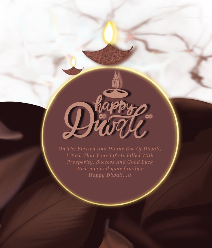 a happy diwali greeting card with candles and leaves in the foreground, on a white background