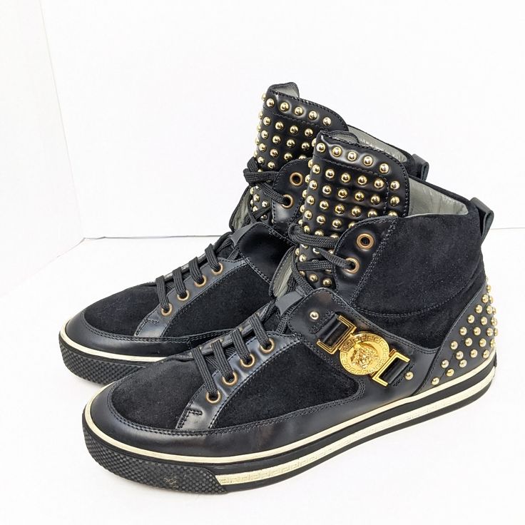 Versace Studded High Top Sneakers Suede And Leather Excellent Condition Black Leather High-top Sneakers With Spikes, Luxury Suede High-top Sneakers With Round Toe, Black Leather Sneakers With Studs, Luxury Studded Lace-up Sneakers, Luxury Spiked Round Toe Sneakers, Luxury Black Sneakers With Spikes, Versace Gold, Versace Shoes, Gold Black