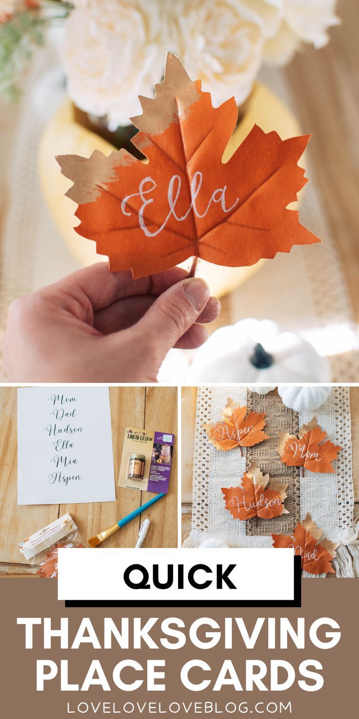 DIY leaf place cards. Leaf Place Cards Thanksgiving, Fall Leaf Place Cards, Thanksgiving Cricut Name Cards, Thanksgiving Table Seating Ideas, Fall Table Name Cards, Thanksgiving Table Settings Name Cards, Diy Place Card Holders Thanksgiving, Name Cards For Thanksgiving Dinner, Thanksgiving Dinner Table Name Tags