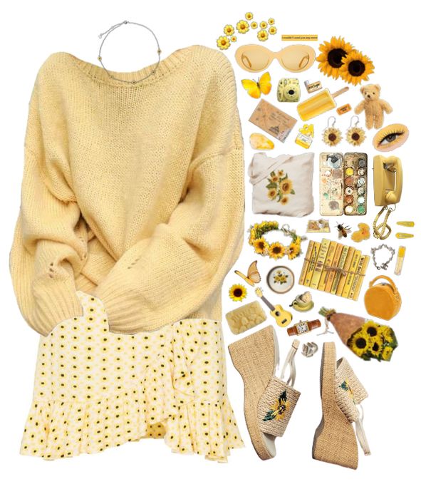 Sun Flower Outfit, Sunflower Outfit Ideas, Suncore Aesthetic Outfits, Sunflower Inspired Outfit, Sunflower Aesthetic Outfit, Very Feminine Outfits, Sunshine Girl Aesthetic Outfits, Sunshine Aesthetic Outfit, Sunflower Vol 6 Aesthetic