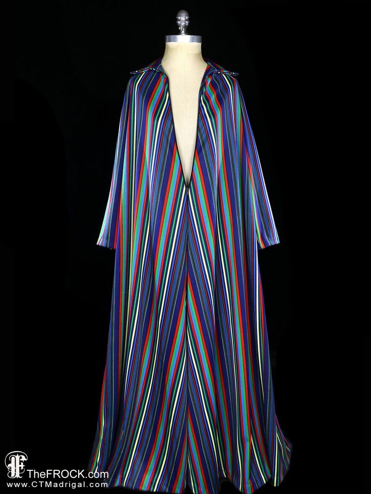 "PRESIDENTS DAY SALE TODAY Discounts apply to all new purchases--including new layaways (not applicable to previous orders, existing layaways, or other credits, exchanges, or discounts.) Vintage c. 1970 strikingly striped blue poly (or similar) jersey caftan style coverup or hostess dress with a very long front zipper (can zip all the way to chin). One-size-fits-most construction, and the fabric has some give, it measures about bust 39\" (stretch to 45), waist about 50\" (stretches to 56), and A Maxi Dress Boho, Hostess Dresses, Beaded Jacket, Vintage Fur, Dress Boho, Dress Clothes For Women, Striped Long Sleeve, Boho Bohemian, Blue Stripes